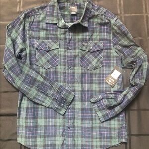 RVCA Flannel Shirt Blue Green Plaid Button Up Dual Pocket Regular Fit Large NWT